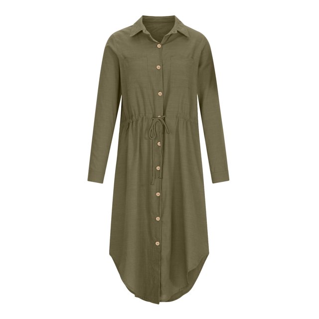 Pisexur Womens Summer Dresses 2024 Cotton Linen Button Down Short Sleeve Shirt Dress Drawstring V Neck Solid Color Formal Dress Casual Tummy Control Flowy Sundress Plus Size S-5XL