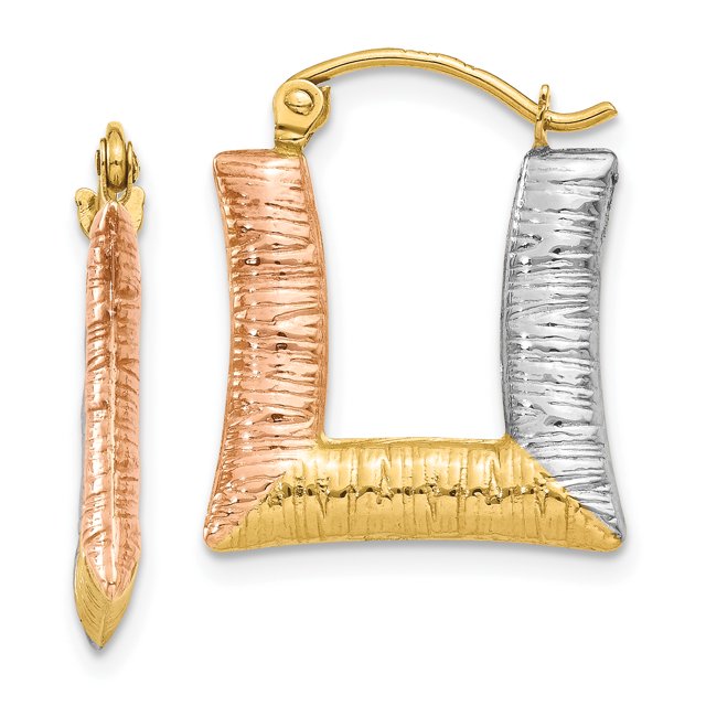 Boucles d'Oreilles Créoles Carrées Texturées en Rhodium 14K Plaqué Or Jaune & Blanc & Rose Rhodium Creux