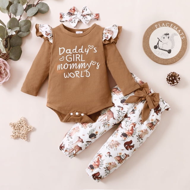PatPat Baby Ruffle Long-sleeve Romper and Floral Trousers Set,3-piece,Unisex,Sizes 0M-18M