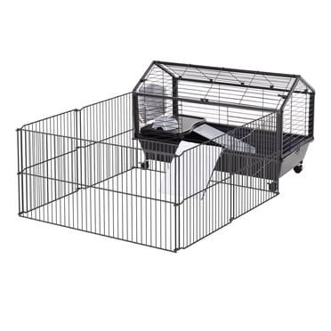 PawHut Clapier Cage en Métal pour Petit Lapin Maison Principale Clapier pour Cochon d'Inde Abri pour Petit Animal avec Roues et Freins Pliable Grand Enclos Détachable Noir (35 Pouces L x 50.5 Pouces L x 22 Pouces H)