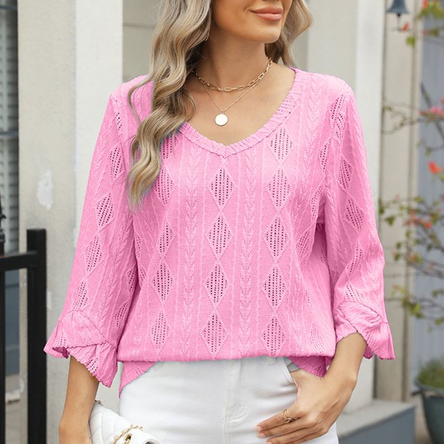 UPPADA Chandails à Manches 3/4 pour Femmes Mode Tendance Hauts Décontractés Col Rond Chandail Ample Confortable Doux Blouses Grande Taille Coupe Ample T-Shirts Décontractés Vêtements au Coude Hauts pour Femmes Manches 3/4 Économie