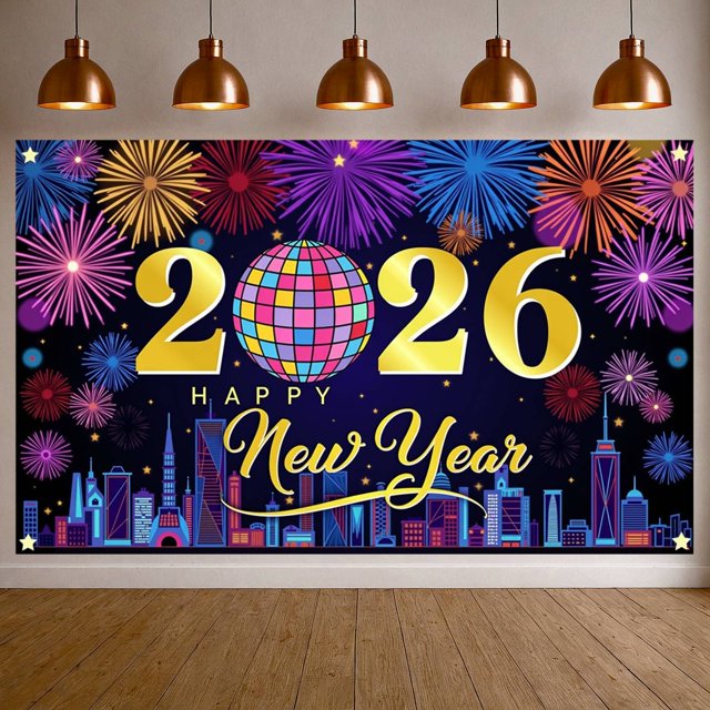 Colorful Fireworks 2026 New Year Banner Shiny Stars Happy New Year Display Champagne Glass Design Party Balloons 2026 Celebration Backdrop for New Year Party 2026 Celebration New Year Eve Event