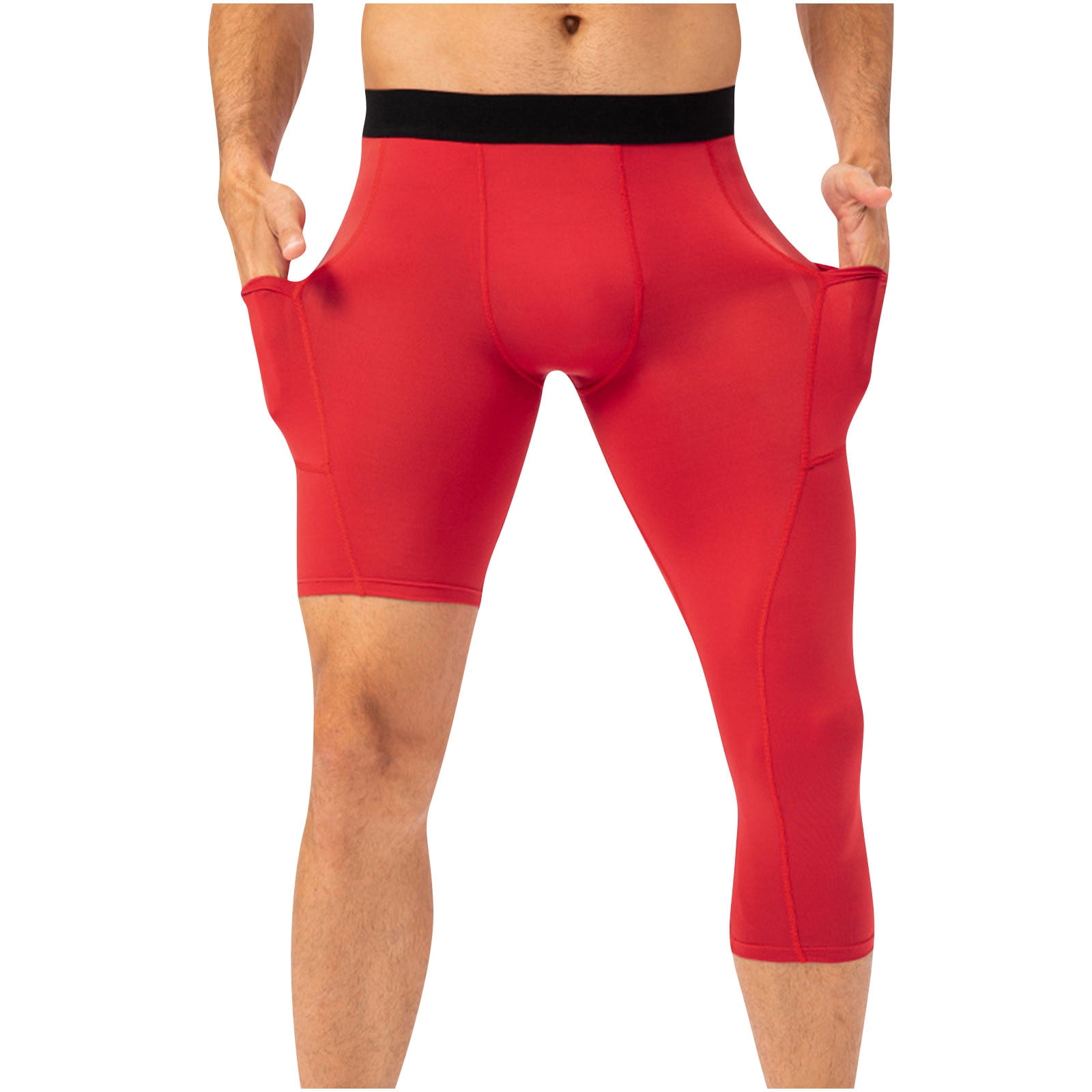 ohmzyzo Mens One Leg Compression Tights for Basketball Gym Sport Leggings 3/4 Compression Pants with Pockets