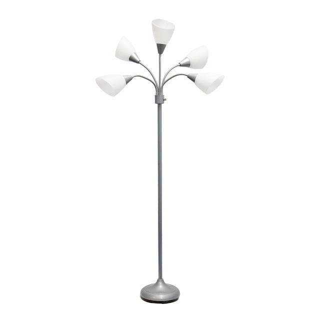 Simple Designs 5 Light Adjustable Gooseneck Floor Lamp with a matte silver metal base and five flexible gooseneck arms, each with a white plastic sloping shade, providing adjustable multi-directional lighting, suitable for reading or crafting tasks.