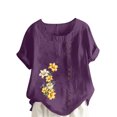 thumbnail image 2 of Pisexur Chemises en Lin pour Femmes Manches Courtes Blouses en Coton à Fleurs Hauts Grande Taille Décontractés Amples Col Rond Tuniques Unies Haut, 2 of 5