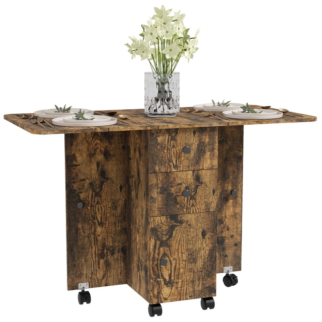 HOMCOM Table à Manger Pliable, Table de Cuisine Roulante avec Tiroirs, Armoire