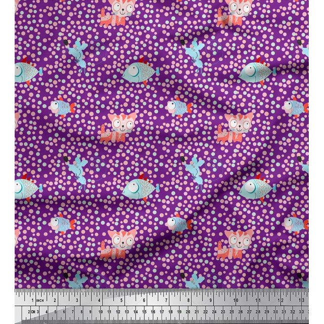 Soimoi Poly Crepe Fabric Dot,Fish & Cat Kids Printed Fabric 1 Yard 42 Inch Wide