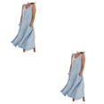 thumbnail image 2 of pitrice Femmes Été Coton Lin Robe Sans Manches Col Rond Boho Vintage Style Plage Couleur Unie en Vrac Kaftan Porter Tous les Jours Bleu Ciel / XXL 2Set, 2 of 6