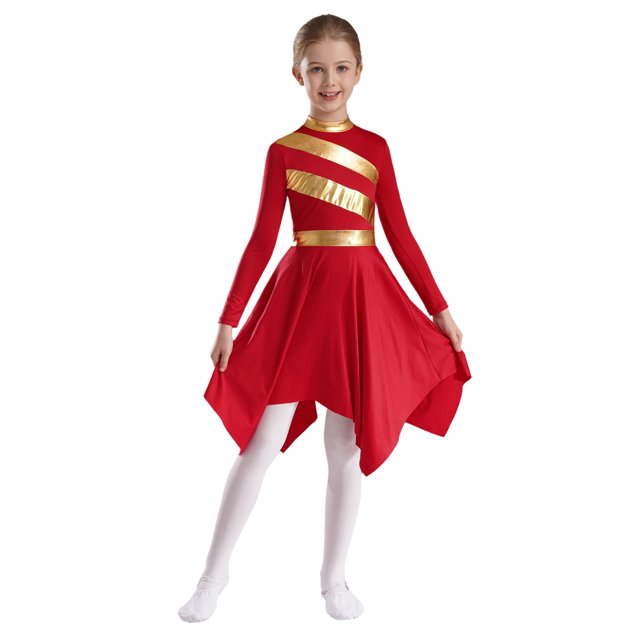 RUNQHUI Robe de Danse pour Filles Enfants Patchwork Métallique Ourlet Asymétrique Culte Église Rouge 10