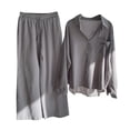 thumbnail image 2 of VEKDONE Summer Cotton Linen Sets 2 Piece Long Sleeve Button Lapel Shirts with Wide Leg Pants Solid Color Loose Fit Blouse Match Drawstring Palazzo Pants Suits, 2 of 5