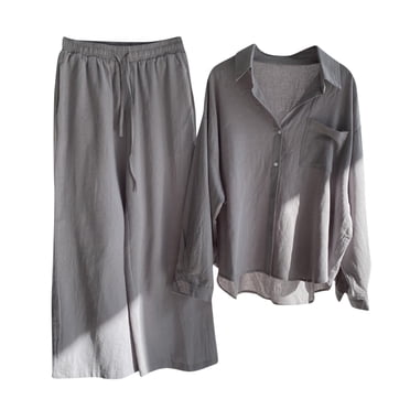 Yuyuzo Cotton Linen Sets for Women 2 Piece Long Sleeve Button down Oversized Shirts Wide Leg Pants Lounge Sets
