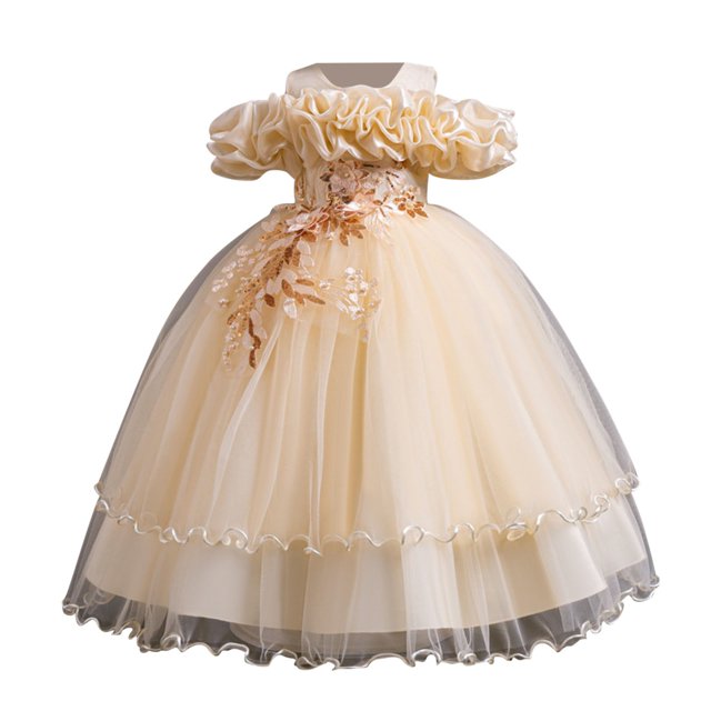 Ashirexll Robe de Performance Sans Manches pour Filles Jupe Tutu en Maille Col Rond Robe Trapèze Formelle pour Hôte Fête Tenue de Danse Âge 3-14 Ans Beige 5 Ans