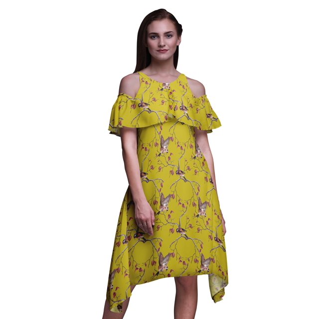 Bimba Robe Midi à Manches Volantées pour Femmes, Tunique Évasée à Épaules Dénudées avec Imprimé d'Oiseau Jaune - X-Small