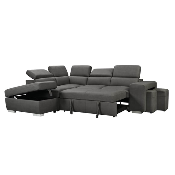 Urban Cali Pasadena Large Sleeper Sectional Sofa Bed with Storage Ottoman and 2 Stools (Noble Cement / Left Facing Chaise)