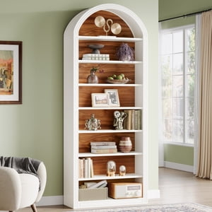 Tribesigns 79.5" White Arched Bookshelf, 8-Tier Modern Tall Bookcase with Storage Shelves, Floor Standing Wooden Display Shelving Unit for Living Room, Bedroom (White & Brown)