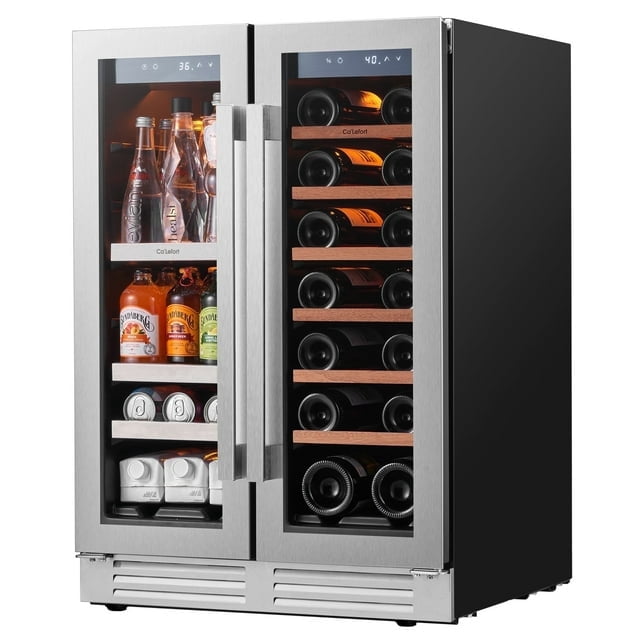 Ca'Lefort 24inch Wine Cooler Beverage Refrigerator, Hold 60 Cans and 21 Bottles Dual Zone Wine Fridge with Stainless Steel French Door