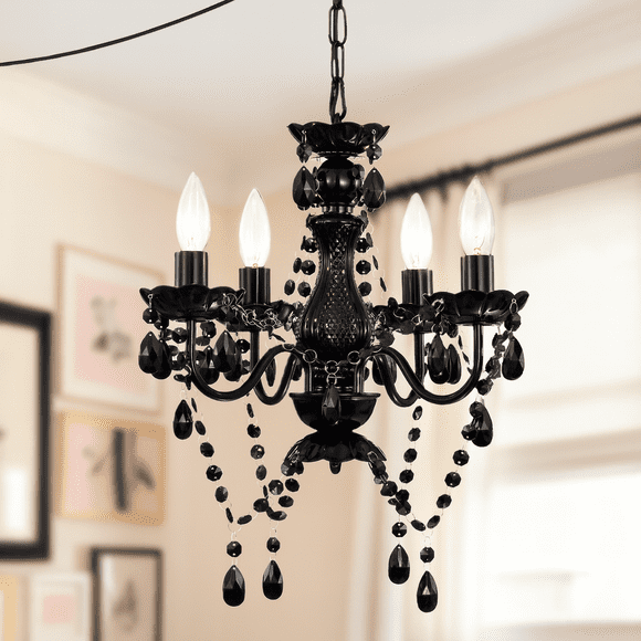 Black Plug-In Chandelier with Acrylic Crystals, 5-Light Mini Hanging Light with 20ft Adjustable Cord for Bedroom and Dining Room