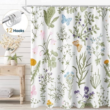 Dznils Rideau de Douche en Tissu Vert à Motif Floral, Rideau de Salle de Bain Imperméable avec 12 Crochets, 72 Pouces x 72 Pouces