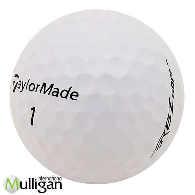 Mulligan - 36 Taylormade RBZ Soft 4A Recycled Used Golf Balls showing a close-up of a white dimpled golf ball with black TaylorMade logo, number 1, and RBZ Soft branding on a white background, emphasizing its soft feel, excellent tee-to-green distance, and near-green control.