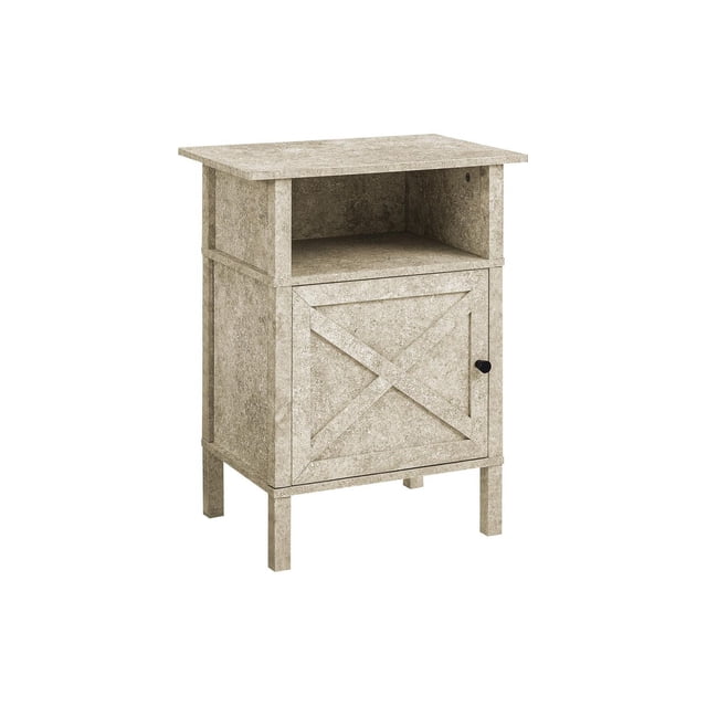 Monarch Specialties Accent Table, a small living room side table in light beige stone laminate with an open shelf and closed cabinet featuring an X-panel door and black metal knob, supported by four straight legs, suitable for compact storage and display.