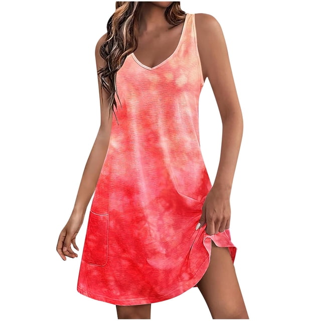 Penkiiy Robes d'Été pour Femmes Évasées Boho à Imprimé Floral Robes de Plage Sans Manches Robe de Plage avec Poches TG Rose