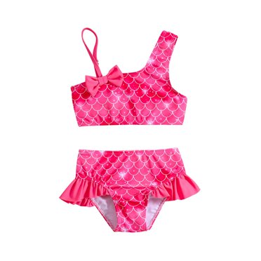 TBWNWG Pool Party Outfit,Girls One Shoulder Sling Bow Fish Scale Bikini Swimsuit for Baby Girls,Size 2-3 Years