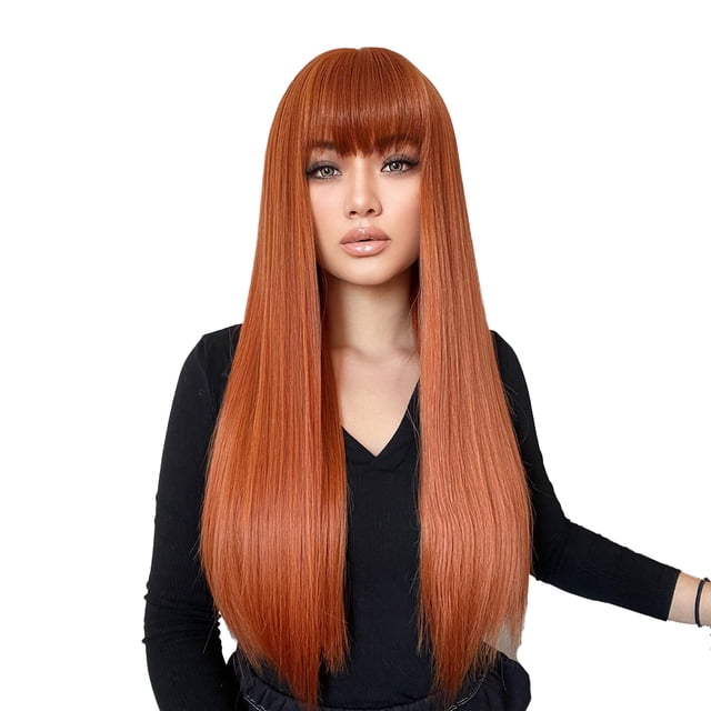 Perruque Longue Noire en Cheveux Humains avec Frange et Bonnet de Perruque, Perruques Lisses Naturelles Sans Colle 26 Pouces