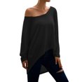 thumbnail image 4 of Women Round Neck Asymmetrical Hem Solid Color Long Sleeve Loose Tee Shirt, 4 of 5