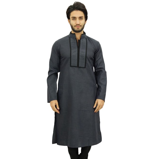 Atasi Chemise Tunique Grise Décontractée pour Homme à Col Mandarin en Coton Long - Petit