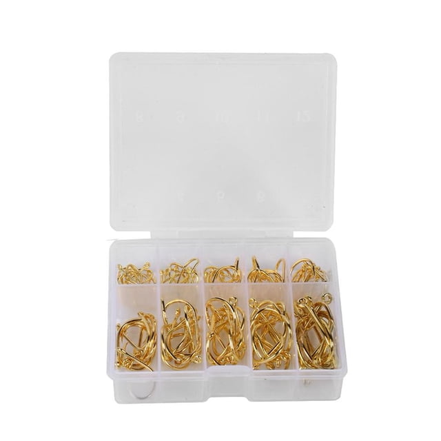 100pcs/box High Carbon Steel Barbed Fishing Hooks with Hole Set (Gold)