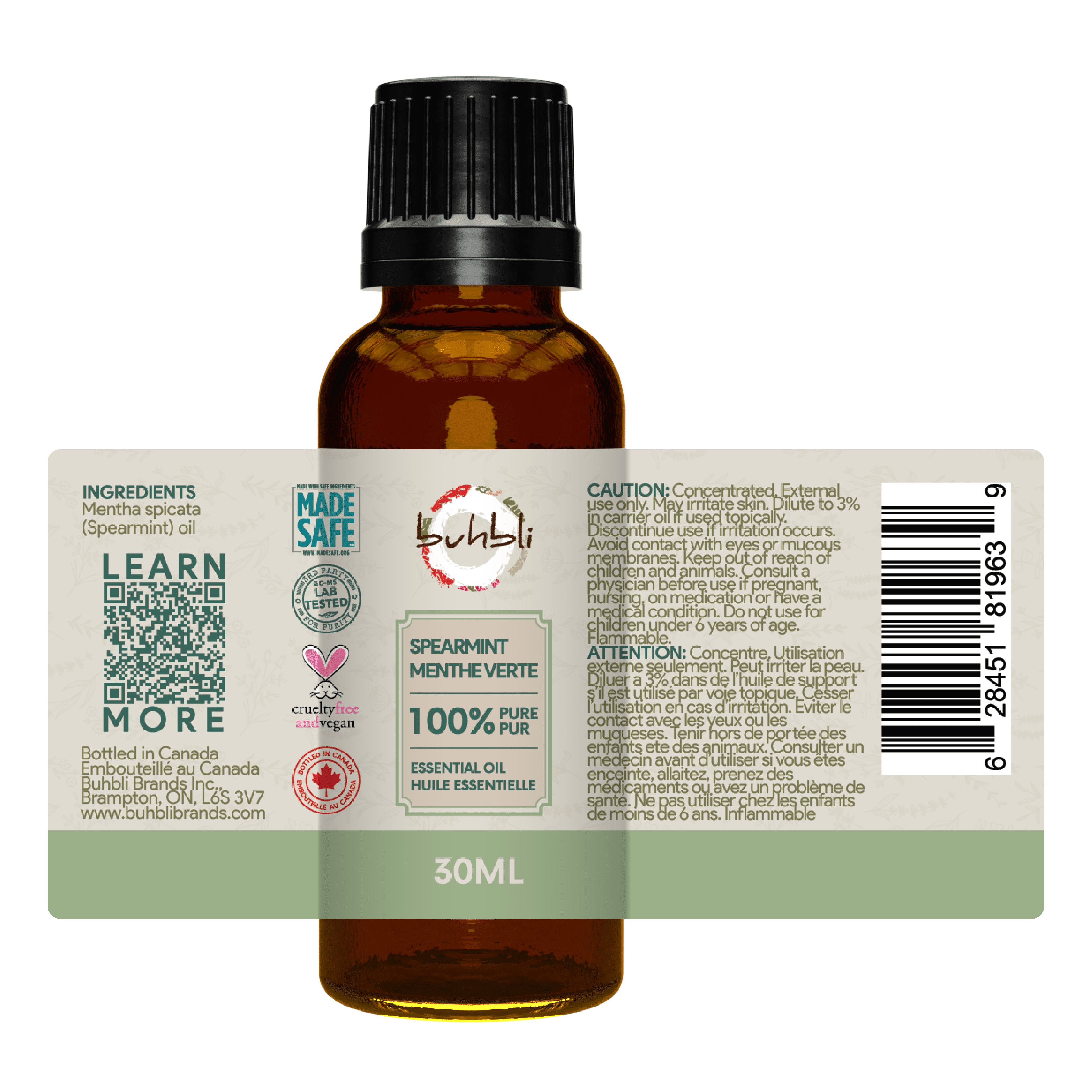 Buhbli Brands – Huile essentielle de menthe verte 100 % pure, 30 ml, entièrement naturelle et pure – Embouteillée au Canada