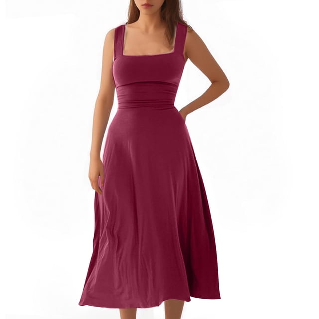 Timegard Robes d'Été pour Femmes à Larges Bretelles, Encolure Carrée, Sans Manches, Couleur Unie, Coupe Ajustée, Décontractée, Confortable