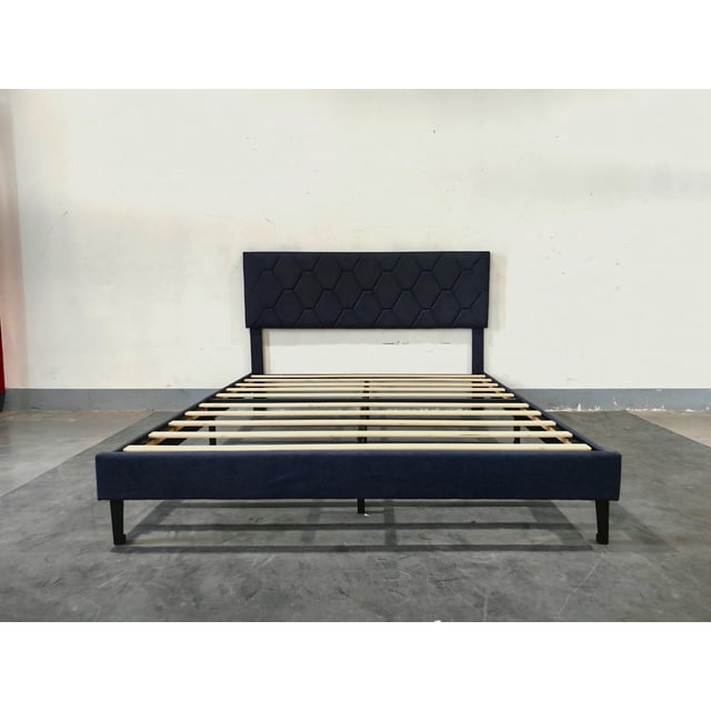 YUSAZENS King Size MDF + Iron + Fabric Diagonal Grid Soft Mattress, Comfortable Upholstered Bed Frame in Pink, No Box Spring Needed, Space-Saving Design