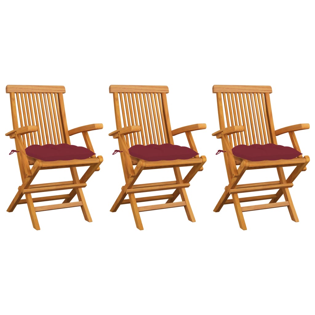 vidaXL Garden Chairs with Wine Red Cushions 3 pcs Solid Teak Wood