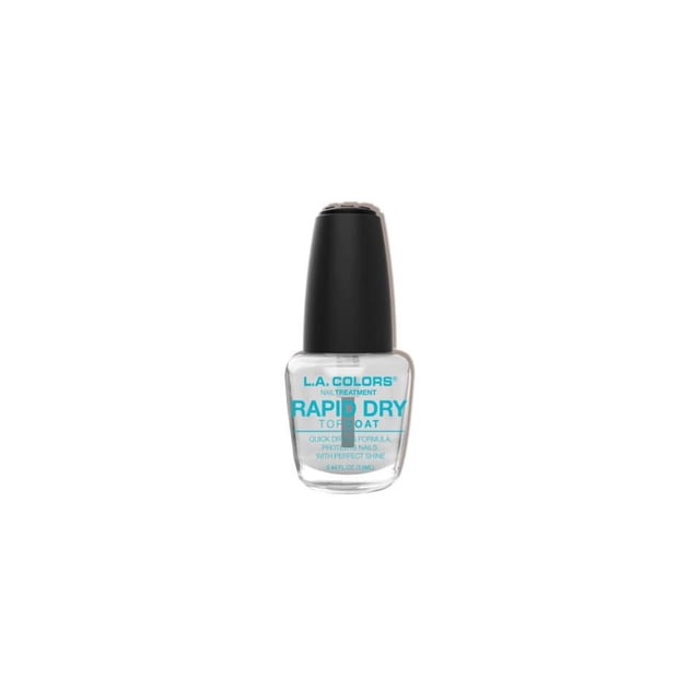 Rapid Dry Top Coat by L.A. COLORS, a clear nail polish top coat bottle with a black cap, featuring a quick-dry formula that protects nails and delivers a long-lasting, high-gloss shine in a 13 ml size, suitable for fast, smudge-free nail care.