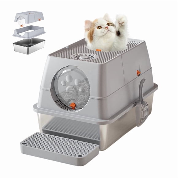 Stainless Steel Covered Litter Box, Large Top Entry Metal Litter Box for Cats, Dog Proof Litter Boxes with Flip Cover, Removable Top and Litter Scooper, Easy to Clean