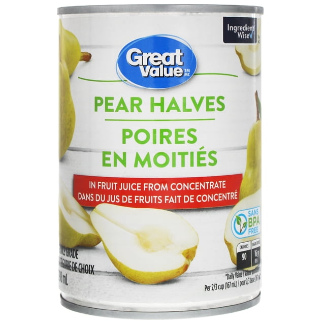 Great Value Moitiés de Poire dans du Jus de Fruits à Partir de Concentré, Boîte avec Étiquette avant Montrant du Texte Vert et des images de Moitiés de Poire Jaunes, Symbole Sans BPA, et Texte Bilingue Anglais-Français, Convient au Rangement de Garde-Manger et Certifié pour les Ingrédients Sans Additifs Artificiels.