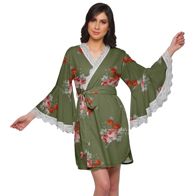 Moomaya Robe Courte Imprimée pour Mariée en Préparation, Manches Évasées, Peignoir, Portefeuille pour Femmes