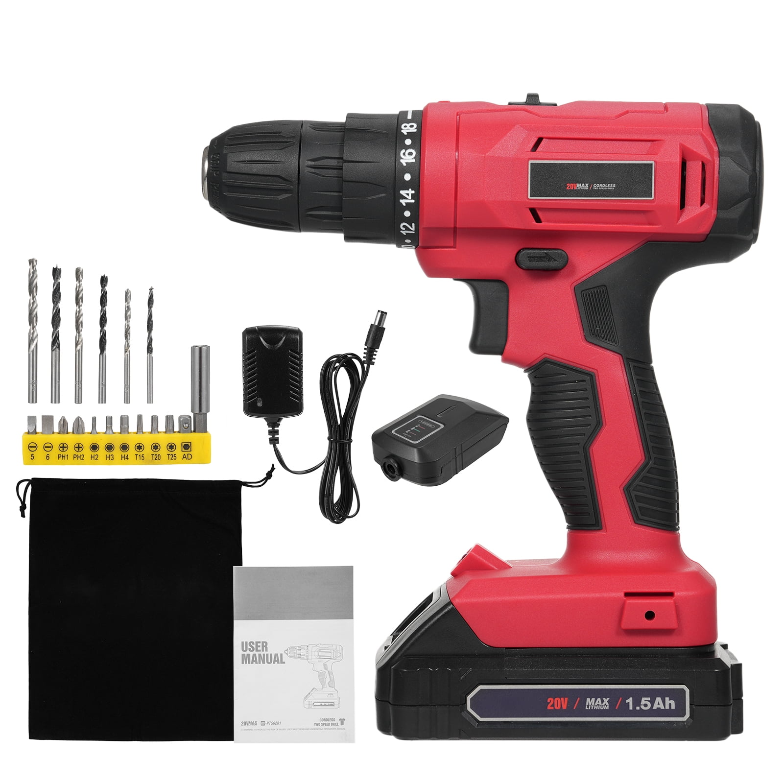 20V Cordless Drill Driver with 1500mAh Lithium Battery, 2-Speed (0-550/1350RPM), 18+1 Torque Settings, Forward/Reverse, 10mm Chuck, US Plug - Includes Drill Bits, Screw Bits, Charger & Storage Bag