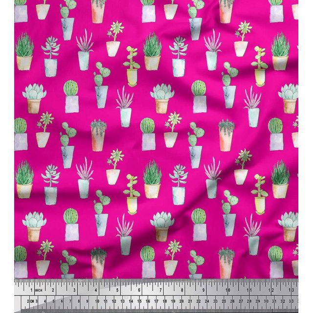 Soimoi Pink polyester Crepe Fabric Cactus Leaves Decor Fabric Printed Yard 52 Inch Wide