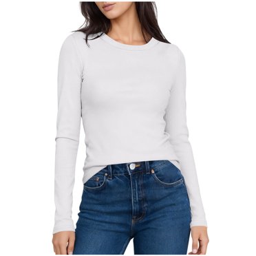 Gpaecead Women's Basic Crewneck Long Sleeve Top - Solid Color Stretch Fit Shirt White