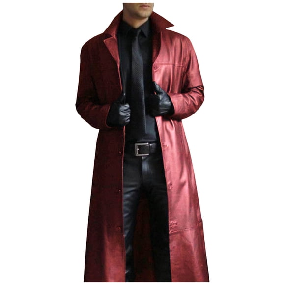 FYEGRE PU Faux Leather Long Jacket for Men's Vintage Lapel Gothic Trench Coat Outwear Red XXL