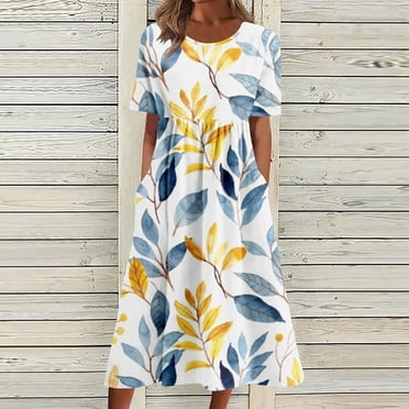 HWRETIE Robe d'Été Imprimée pour Femme à Manches Courtes, Col Rond, Robe de Vacances avec Poches, Décontractée, Coupe Ample, Robe de Plage