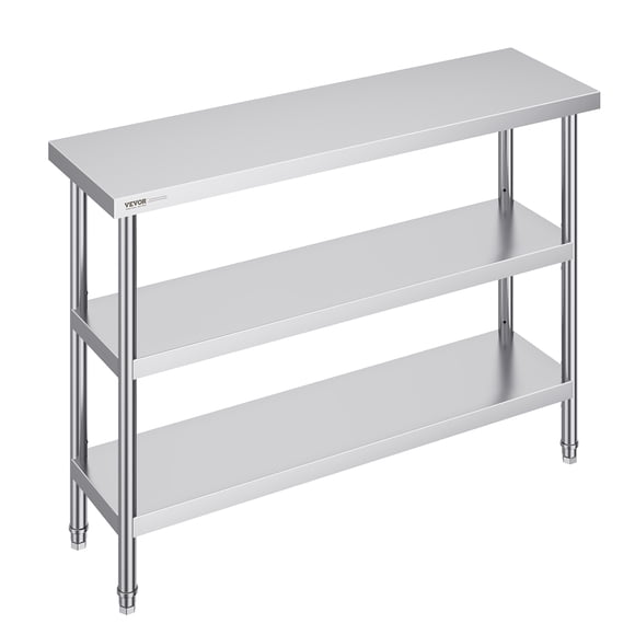 VEVOR Stainless Steel Food Prep Table, 14 x 48 x 34 Inch Commercial Kitchen Worktable, with 2 Adjustable Undershelf, Heavy Duty Prep Table Metal Work Table for BBQ, Kitchen, Home, and Garage