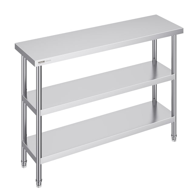 VEVOR Table de Préparation des Aliments en Acier Inoxydable, Mesurant 14 x 48 x 34 Pouces, Dotée d'Une construction durable en Acier Inoxydable SUS201 avec une surface Lisse et Résistante à la Rouille. Cette Table de Travail de Cuisine Commerciale Comprend Deux Tablettes Inférieures Ajustables pour un Rangement Personnalisable et une Conception à Trois Niveaux pour un Espace Généreux. Idéale pour une Utilisation dans les Cuisines, les garages, les restaurants et Autres Contextes Commerciaux.
