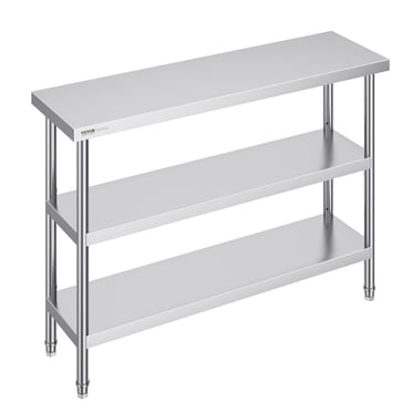 VEVOR Table de Préparation des Aliments en Acier Inoxydable, Table de Travail de Cuisine Commerciale 14 x 48 x 34 Pouces, avec 2 Tablettes Inférieures Ajustables, Table de Préparation Robuste Table de Travail en Métal pour BBQ, Cuisine, Maison et Garage