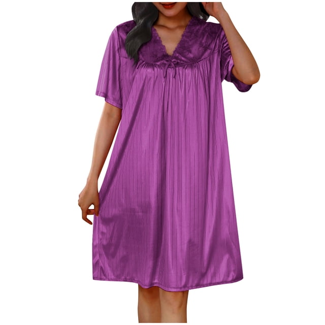 Timegard Robe de Nuit pour Femmes Col en V Manches Courtes Tenue d'Intérieur Décontractée Ample Confortable Robe de Maison Couleur Unie