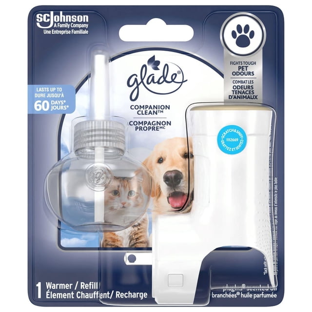 Glade PET Plugins® Air Assainisseur d'Air à l'Huile, Compagnon CleanTM avec une Bouteille de Recharge d'Huile Transparente et un Réchauffeur à Brancher Blanc dans l'Emballage, Conçu pour Combattre les Odeurs Tenaces d'Animaux et Offrir jusqu'à 60 Jours de Fraîcheur dans les Espaces Domestiques.