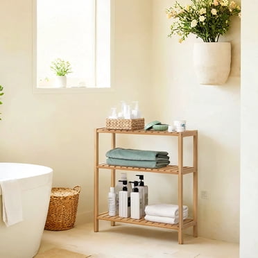 SONGMICS Bamboo Storage Shelf, 3-Tier Shelving Unit, Multifunctional, in the Entryway, Bathroom, Living Room, Balcony, Kitchen, 10.2 x 23.6 x 26 Inches, Natural