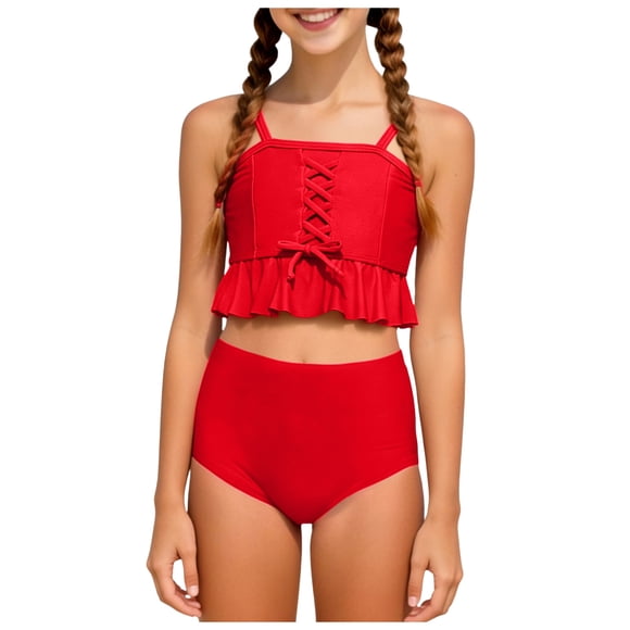 Zanarzt Little Girls Two Pieces Bikinis Girls Swimsuit Bikini Sets 2 Piece Color Block Bathing Suits for Teen Girls Swimwear Red,3-4 Years